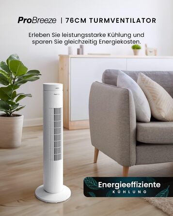 Турбовентилятор Pro Breeze з дистанційним керуванням, 76 см, осциляція 65°, таймер, 3 швидкості, тихий, для спальні та офісу, білий