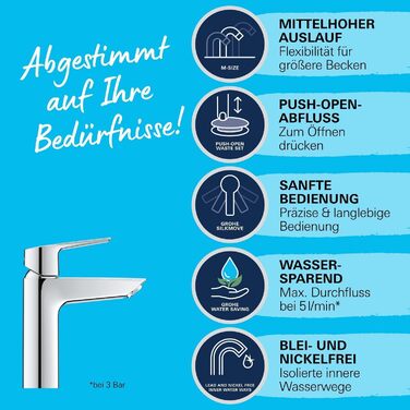 Змішувач для ванної кімнати GROHE Start, водозберігаючий, хром, з Pop-Up, 19см, 24204002