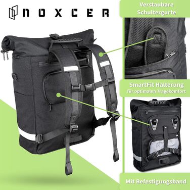 Кофр Noxcer 3-в1 для багажної полиці та рюкзака на колесах - водовідштовхувальний водовідштовхувальний рюкзак об'ємом 25 л, в т.ч. дощовик - Сумка-багажник для велосипеда - Рюкзак з відділенням для ноутбука 25 л Чорний