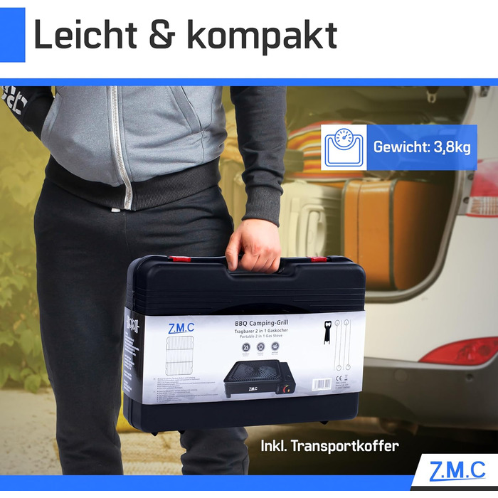 Z.M.C. 2-в-1 газовий набір для кемпінгу: плита та гриль з аксесуарами та кейсом. Газовий гриль та плита з пьезозапалюванням, 2.2kW, LPG-підключення