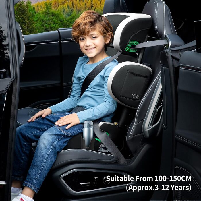 Автокрісло дитяче 15-36 кг з Isofix, i-Size, 3.5-12 років, регульована спинка та підлокітники, з підстаканником, зелене