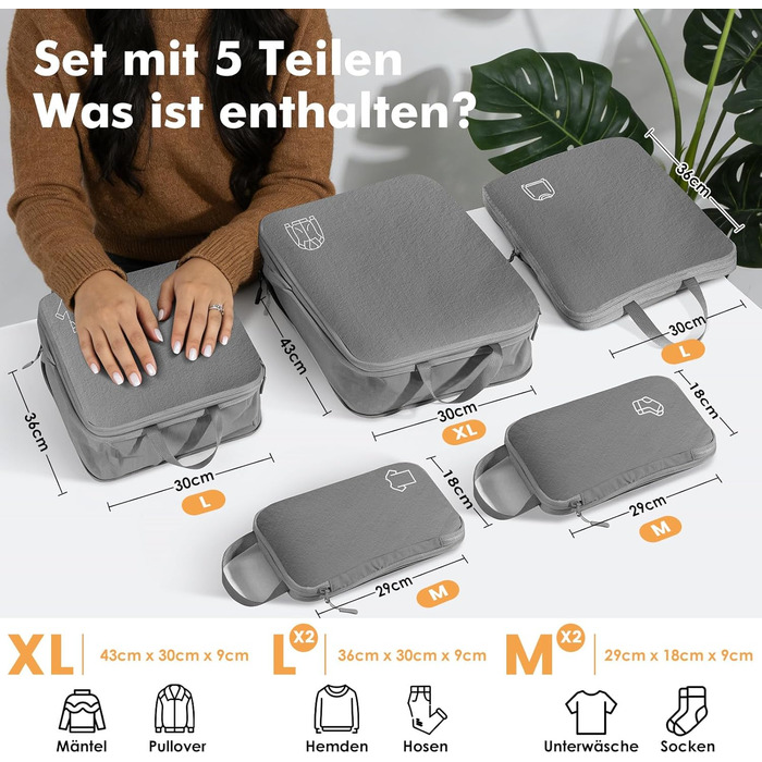 Набір компресійних органайзерів для валізи та рюкзака з нейлону, дорожні сумки-пакувальники для одягу, сірі, 5 предметів
