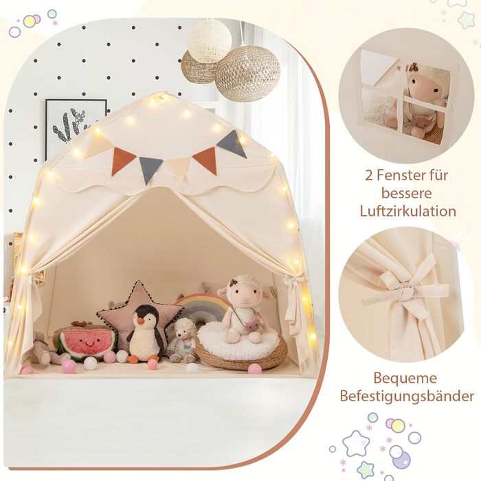 Дитяче намет-ліжко DREAMADE 2 в 1 з гірляндою та прапором, ігровий намет для дитячої кімнати, ігровий будиночок для дітей від 3 років (Бежевий)