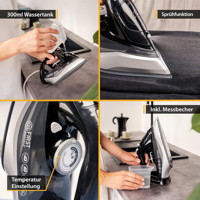 Пароочисник TZS First Austria I 2290-2720W | Керамічна підошва, Самоочищення, Вертикальний пар, Anti-Kalk, Сухе прасування, 0.3л резервуар, 1.2 кг | Чорний/Білий