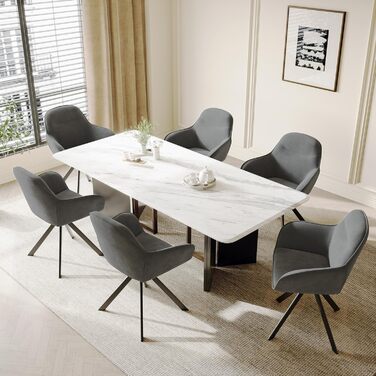 Набір з 6 обертових кухонних стільців з підлокітниками, м'який стілець з велюру, для вітальні та їдальні, темно-сірий