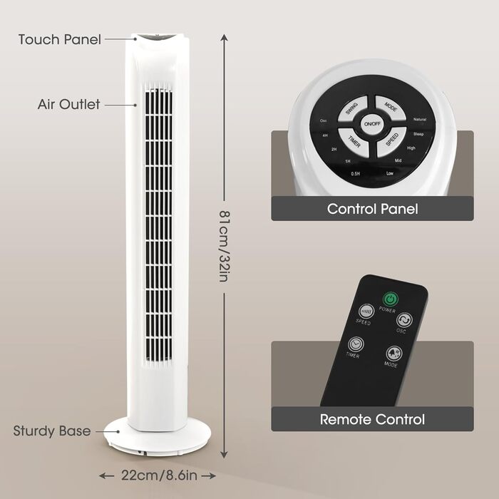 Баштовий вентилятор CURECURE з дистанційним керуванням 81 см, мобільний вентилятор, баштовий вентилятор з коливанням 70, вентилятор з колонкою вентилятора, таймер на 7,5 годин, 3 режими, 2 швидкості, білий