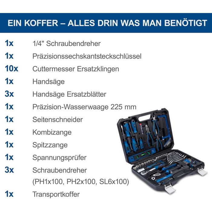 Набір інструментів Scheppach WZK120 (97 предметів) в кейсі з міцного пластику: викрутки, біти, шестигранники, ручний інструмент з гумовими ручками