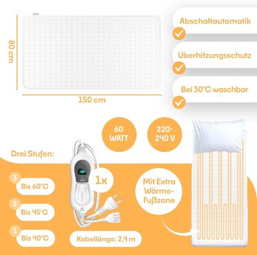 Електрична ковдра KESSER® з двома зонами нагріву та автовимкнення | 3 температурні режими | М'яка флісова підстилка для ліжка | Біла ковдра без візерунку