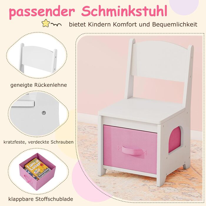 Дитячий туалетний столик COSTWAY у формі ведмедика з підсвіткою, дзеркалом, шафкою та 5 ящиками. Зроблений з дерева, ідеальний для дівчаток від 3 років. Косметичний столик-набір принцеси у формі хмари, білий колір.