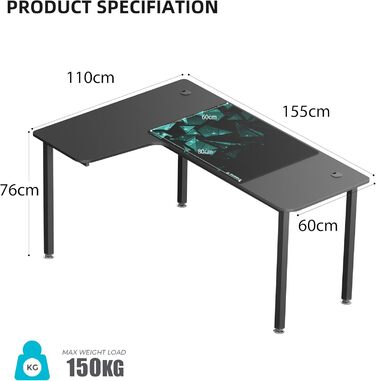 Ергономічний кутовий стіл EUREKA для дому та офісу 155x110 см, чорний (без підставки для монітора)