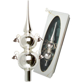 Ялинкова іграшка блискуча срібляста з прикрасами та дзвіночками, 29 см у високоякісній подарунковій коробці Подвійна ялинкова іграшка з дзвіночками срібляста
