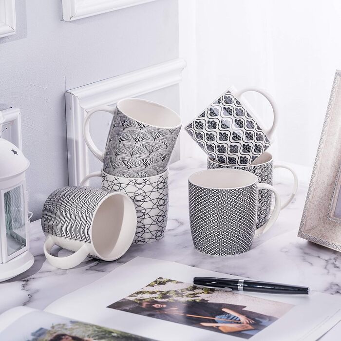 Набір чашок для кави та чаю, 6 шт., чорно-білий геометричний візерунок, кераміка
