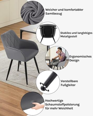 Набір обідніх стільців WOLTU з підлокітниками та спинкою, для кухні, вітальні, їдальні, м'який оксамитовий чохол, металеві ніжки, темно-сірий, 8 шт.