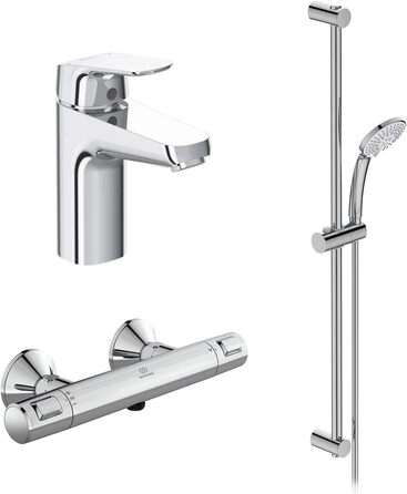 Змішувач для раковини Ideal Standard Ceraflex настінний з термостатом, витяжка 160 мм, регульовані з'єднання, водозберігаюча картридж CLICK, хром (з душовою стійкою, штанга 900 мм, хром)