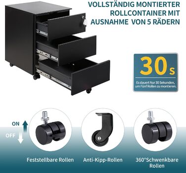 Роликовий контейнер LVSTEEL з висувними ящиками, мобільний архівний шафка під стіл, замиканий офісний шафка, стіл для принтера, 4 ящики, 4 ключі, збірно-розбірний, для офісу та дому, білий (чорний), 54,0см В*37,0см Ш-3 ящики