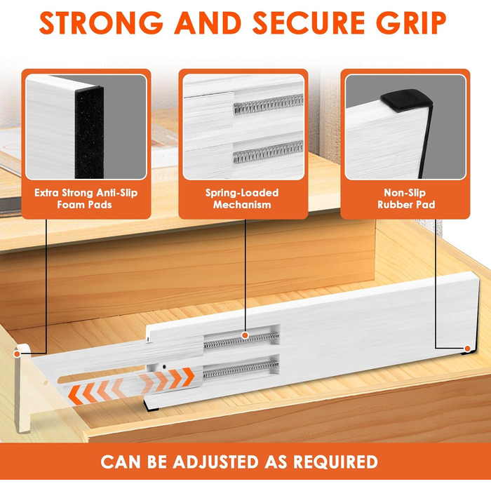 Органайзери для шухляд MUUKAIII (6 шт.) - бамбукові роздільники для шухляд, 43-56 см, 6 см висота, для кухні та шафи - білий