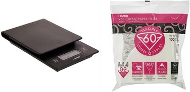 Ваги кухонні Hario VSTN-2000B, чорні та VCF-02-100W паперові фільтри для кави, білі, розмір 02, 100 шт.
