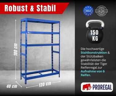 Стеляж для шин PROREGAL Tiger XL, 200x180x45 см, 300 кг на полицю, до 205/55 R16, для автосервісу, складу, підвалу (6 шин + 6 полиць, блакитний)