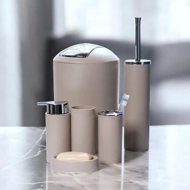 Набір аксесуарів для ванної кімнати 6tlg Badset: мильниця, стакан для зубних щіток, відро для косметики, щітка для унітазу з тримачем, мильниця, сміттєвий бак, тримач для зубних щіток, повна ванна кімнатна гарнітура (бежевий дизайн 2a)