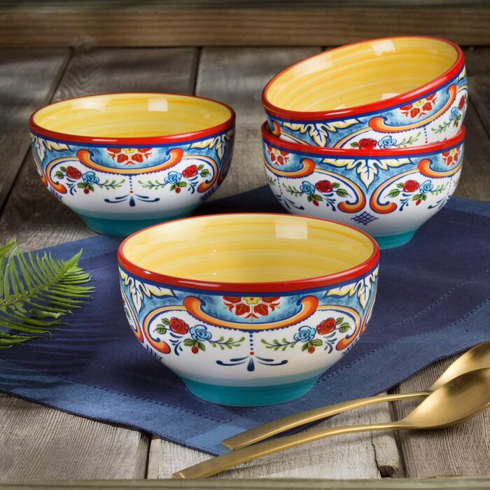 Набір посуду Euro Ceramica Zanzibar Collection, 16 частин, для кухні та їдальні, на 4 особи, з іспанським квітковим візерунком, блакитно-жовтий