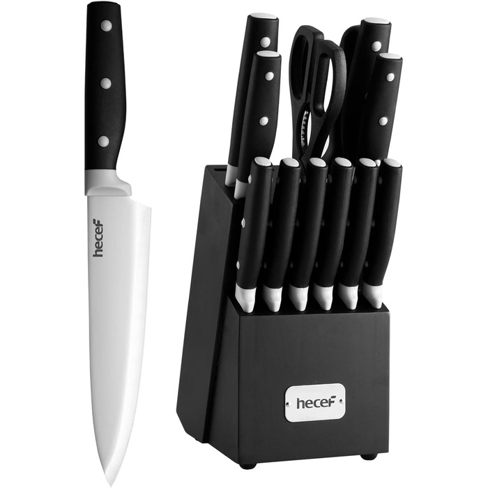 Набір ножів Hecef 14 предметів з дерев'яним блоком, професійний набір кухонних ножів з нержавіючої сталі, з ножицями, ножем для стейка та точилкою (чорний)