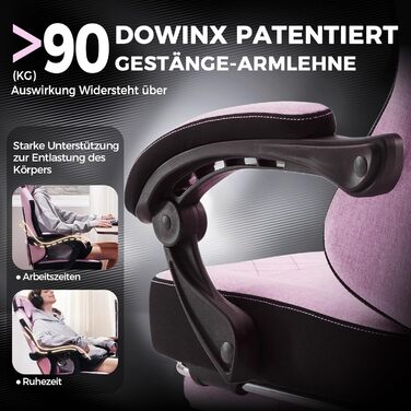 Ігровий крісло Dowinx з тканини, з пружинним сидінням та масажем попереку, офісне крісло з підніжкою для дорослих, ергономічне, велике та високе, 135 кг, рожеве