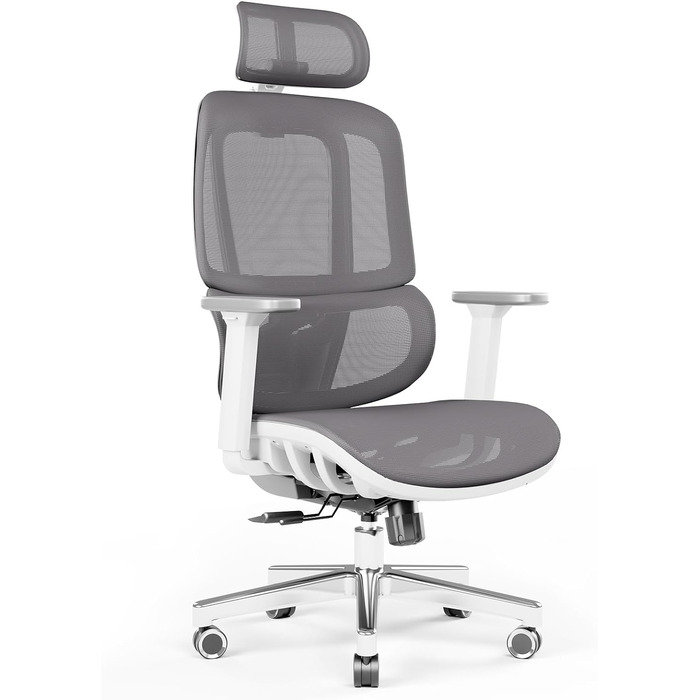 Ергономічне офісне крісло JOYFLY, стілець з регульованим сидінням і підголівником, комп'ютерне крісло Крісло для ПК з 4D підлокітником, офісне крісло з дихаючої сітки 200 кг для дорослих, обертове крісло (сірий)