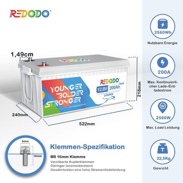 Акумулятор Redodo 12V 200Ah Plus LiFePO4, 200A BMS, вихід 2560 Вт, 4000 циклів для автофургону, сонячної батареї, човна