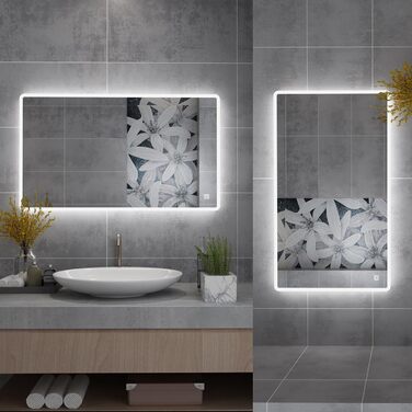 Дзеркало для ванної кімнати MIQU LED 60x50 см з підсвічуванням, тепле/холодне світло, диммування, антизапар, сенсорне управління, прямокутне