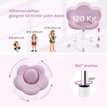 Дитячий ергономічний стілець WOLTU для столу, туалетного столика, офісу, регульована висота, оксамит, світло-фіолетовий