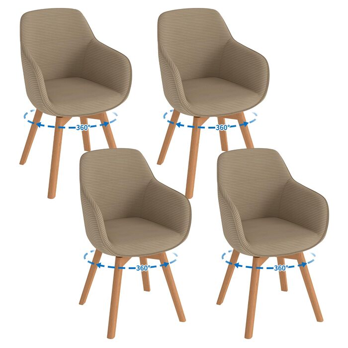 LEWE Комплект з 4 обертових стільців для їдальні з підлокітниками, 360° обертання, сучасна тканина Cord, стільці для кухні з дерев'яними ніжками та спинкою для вітальні, їдальні, спальні (Хакі, 4шт)