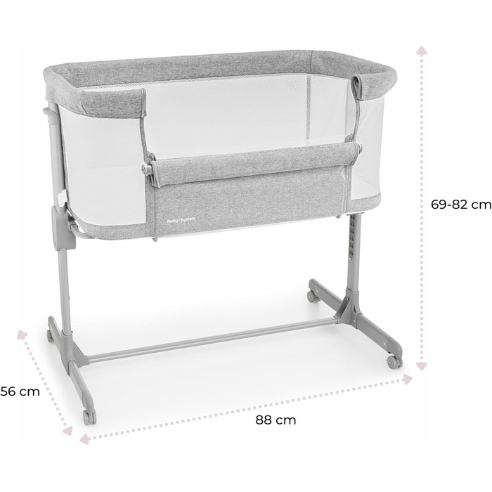 Дитяче ліжко Moby-System Luna 3 в 1: ліжко, манеж, подорожі з матрацом. Регулювання висоти, до 9 кг, знімні бортики, 4 колеса, сірий колір