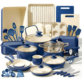 Набір посуду NutriChef 54 елементи: сковороди, каструлі, кухонні аксесуари, ножі, форми для випічки, для приготування здорової їжі (синій)