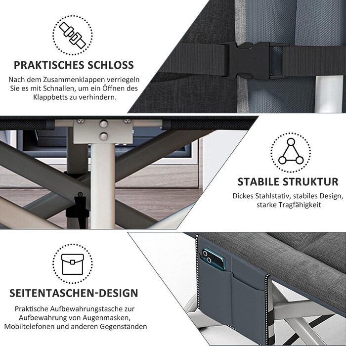 Розкладне кемпінгове ліжко CALIYO, польове ліжко для гостей до 200 кг, 190 x 68 x 40 см, з сумкою для зберігання, чорне