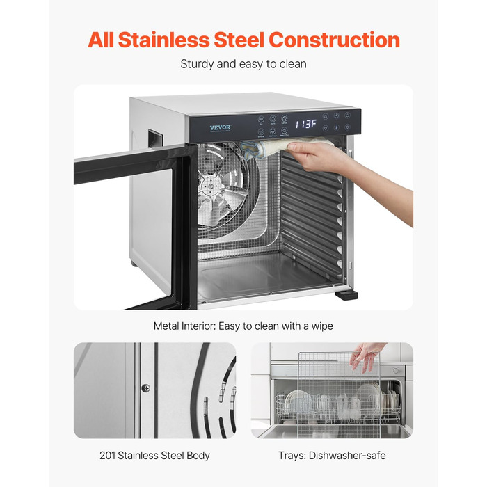 Електрична сушарка для продуктів VEVOR з 10 чашами з нержавіючої сталі, 1000 Вт, сушарка для м'яса, фруктів, овочів, трав, собачих ласощів