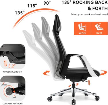 Крісло офісне EUREKA ERGONOMIC з шкіри, чорне: регульоване, ергономічне, для офісу та дому