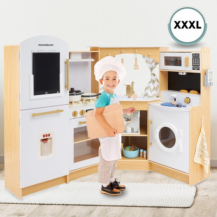 Дерев'яна кухня Мамабрум XXXL з LED-підсвічуванням та диспенсером для кубиків льоду - дитяча кухня з аксесуарами (мікрохвильова піч, посуд, столові прибори) для дітей 3+