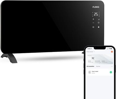 Розумний конвекторний обігрівач FlinQ 2000 Вт - Скляний конвектор, керований за допомогою програми - Обігрів до 60 м3 - Мобільний обігрівач Електричний - 96 x 46 x 13 см - (Чорний)