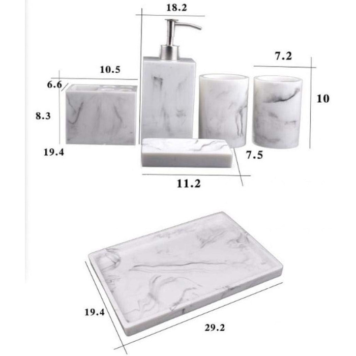 Набір для ванної білого мармуру 6 шт. дозатор лосьйону, тримач для зубних щіток, чашки, мильниця