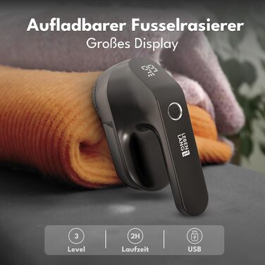 Електричний видалення ворсу LEBENLANG 2000mAh з LED-дисплеєм та пензлем для чищення - до 2 годин роботи, чорний
