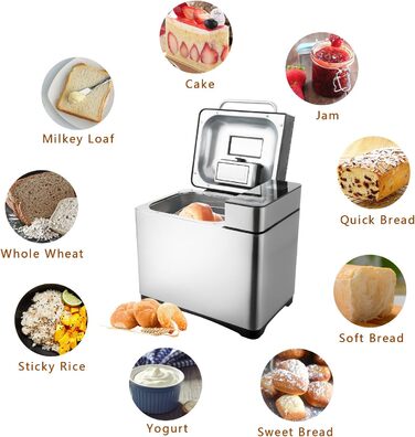 Повністю автоматична хлібопічка 710 Вт Хлібопічка і програмована для хлібопічки з 19 програмами, для ремісничого хліба, безглютенового, тіста, тортів і варення срібного