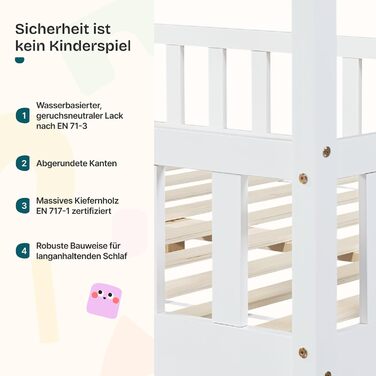 Дитяче ліжко en.casa Treviolo з матрацом 70x140 см, будиночок, дерево, Montessori, з бар'єром, ламелі, сосна, білий