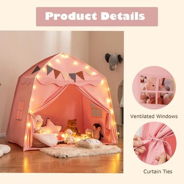 Дитяче намет-будиночок HOMASIS для гри в приміщенні, рожевий: зі світлячками, килимком, вікнами та фіранками