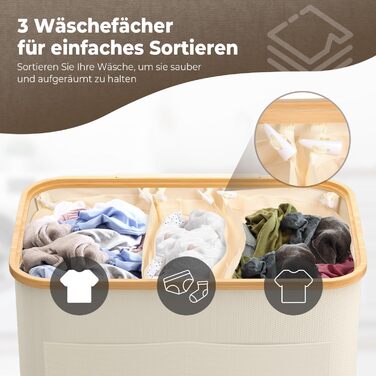 Кошик для білизни OUSFOT з кришкою, 3 відділення, 158л, розкладний, з мішком для білизни, з кишенею, бамбукова коробка для сортування білизни, бежевий
