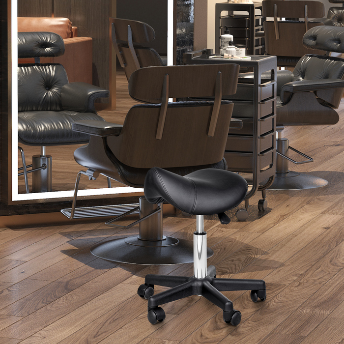 HOMCOM Swivel Stool Регульований по висоті поворотний табурет з коліщатками, поворотне салонне крісло зі штучної шкіри чорного кольору, ідеально підходить для перукарень та офісів