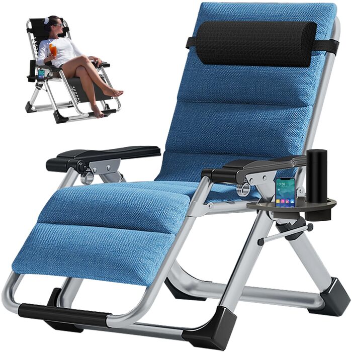 Шезлонг для відпочинку, розкладний, 200 кг, Zero Gravity, з подушкою, підстаканником, широкий, регульований, для саду, патіо, пляжу, басейну (блакитний)