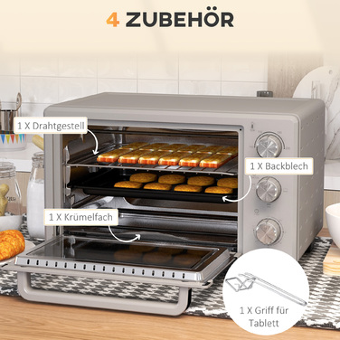 Міні-піч HOMCOM об'ємом 21 л, з регулюванням температури від 100°C до 230°C, таймером на 1 годину, 3 режимами приготування, решіткою, декою, нержавіючою сталлю, розмірами 46 x 38,5 x 29 см, срібна | Aosom