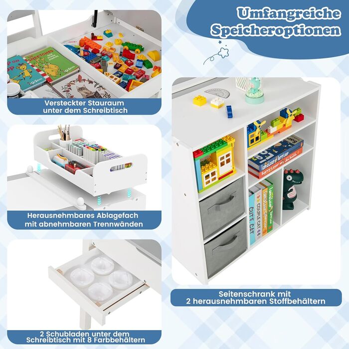 Дитячий стіл COSTWAY 3 в 1 з 2 стільцями, мольберт, органайзер, сірий (120x60x60 см)