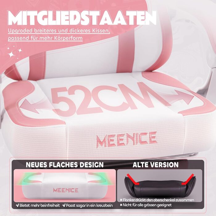 Ігровий крісло MEENICE Pink Katze з підголовником у вигляді лапки кота та вушками, з підніжкою, ергономічний ПК стілець для дітей та дорослих, рожево-білий, 200 кг