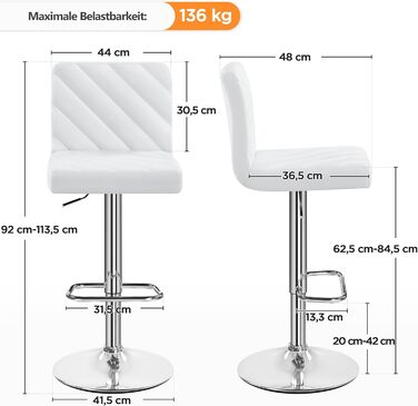 Барні стільці Yaheetech 2 шт. регульовані по висоті, обертаються, 62,5-84,5 см, 136 кг, з штучної шкіри та сталевим каркасом, для кухні/бару, білий (без підлокітників)